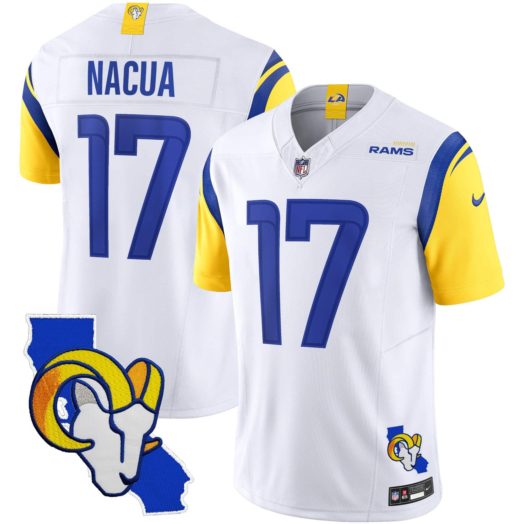 Men Los Angeles Rams #17 Nacua White 2024 Nike California Patch Vapor Limited NFL Jersey